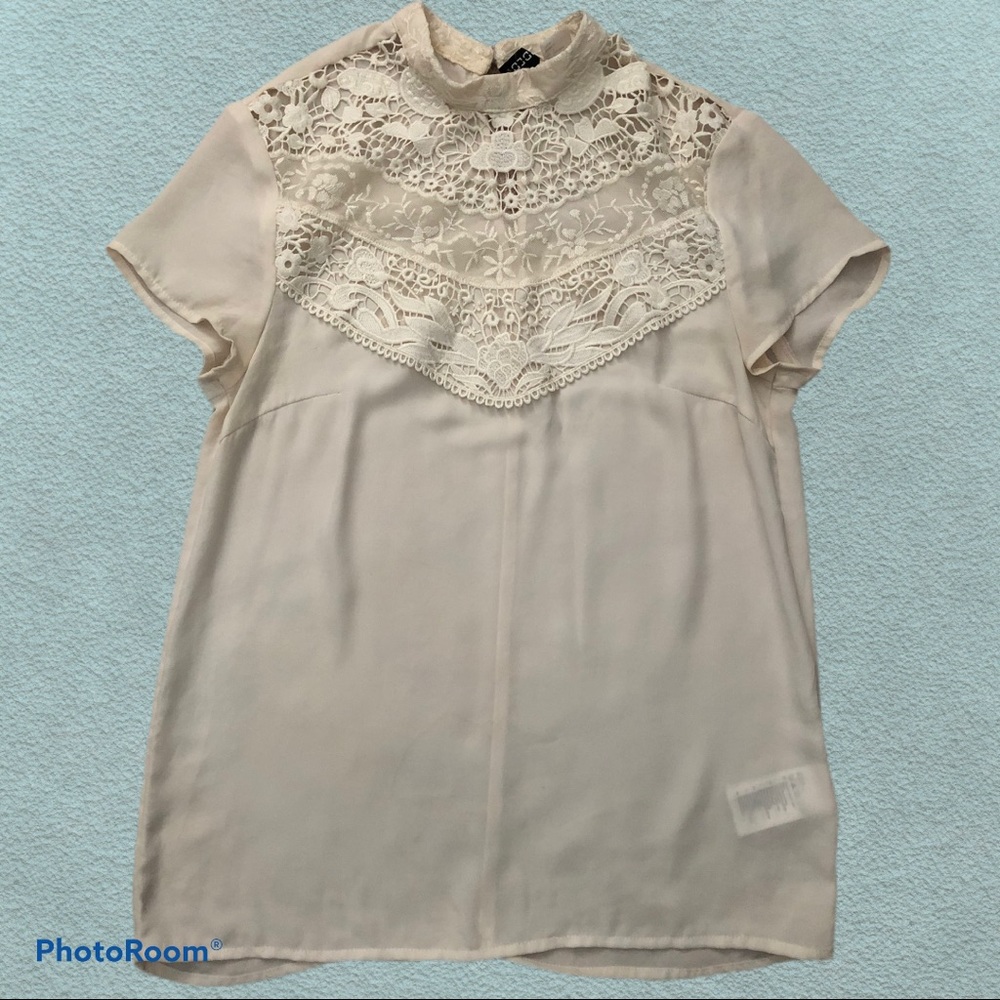 Mock Neck Short Sleeve Blouse with Lace Detail